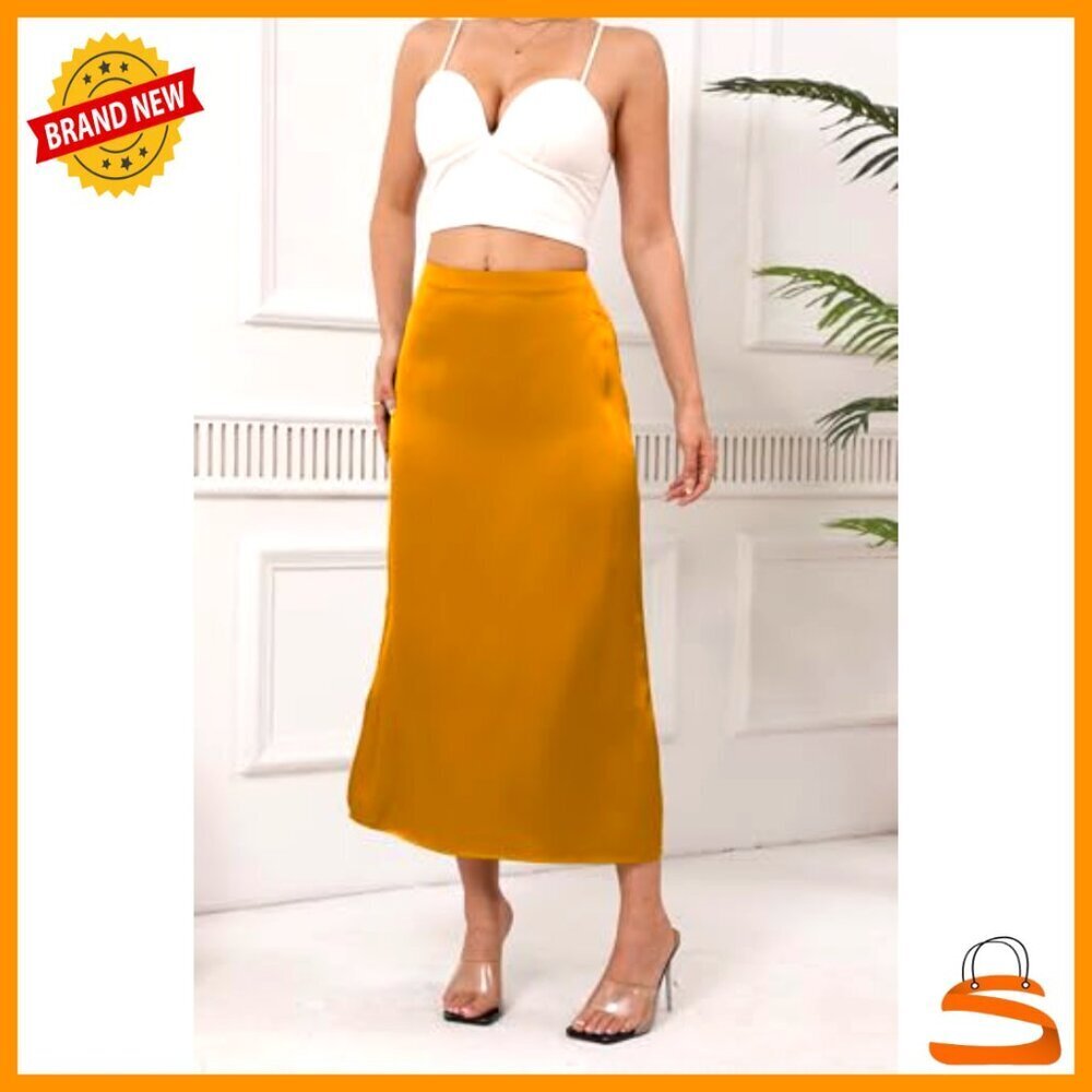 Satin Midi Skirt High Waisted Elastic Flowy Ruffle Cocktail Party Work - Picture 5 of 6